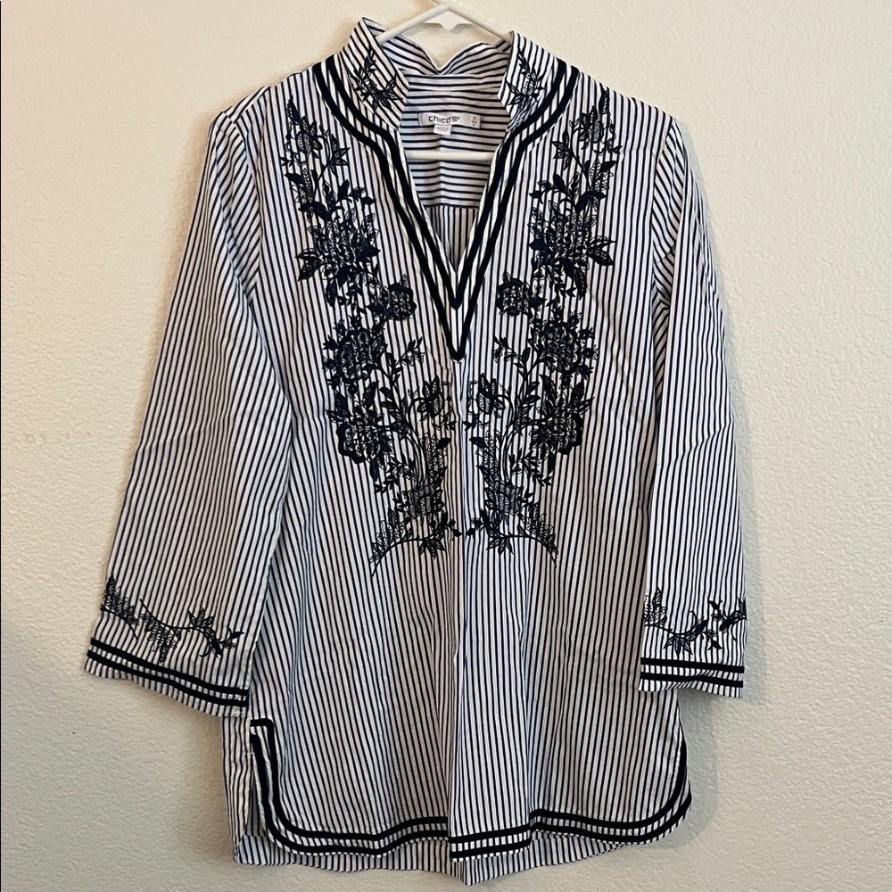 Chico's Navy and White Striped Tunic with Floral Embroidery